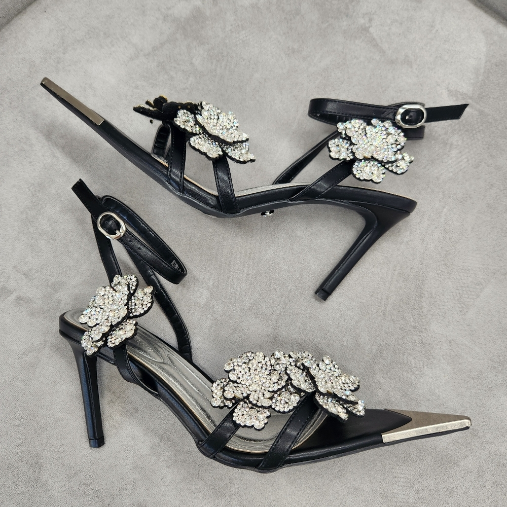 Azalea Wang Dress Sandals 9 Black Leather Njema Beaded Flowers Pointy New $100 - Picture 11 of 16